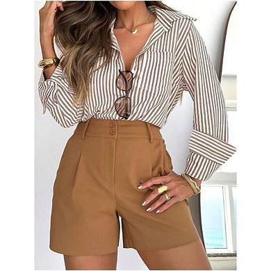 Wome Striped Button Down Shirts Long Sleeve Casual Collared Office Work Shirt with Pocket