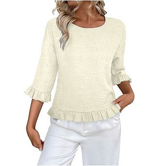 Womens Ruffle 3/4 Sleeve Tops Casual Linen Blouses Crew Neck Drop Shoulder Dressy Shirts