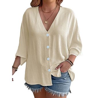Women's Plus Size V-Neck Button Down Blouse Short Bell Sleeve Casual Office Wear
