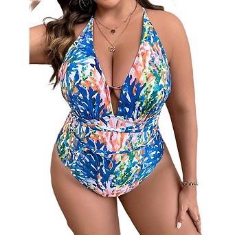Women Plus Size One Piece Swimsuit Tummy Control Bathing Suits Lace up Plunge Swimwear