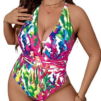 Women Plus Size One Piece Swimsuit Tummy Control Bathing Suits Lace up Plunge Swimwear