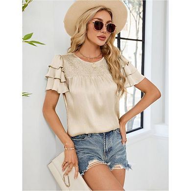 Womens Summer Tops Ruffle Short Sleeve T Shirts Casual Slim Fit