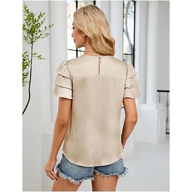 Womens Summer Tops Ruffle Short Sleeve T Shirts Casual Slim Fit