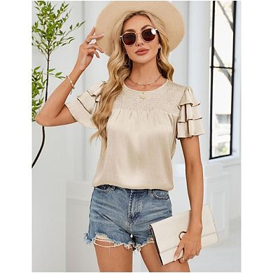 Womens Summer Tops Ruffle Short Sleeve T Shirts Casual Slim Fit