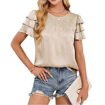 Womens Summer Tops Ruffle Short Sleeve T Shirts Casual Slim Fit