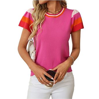 Women Summer Tops Casual Crewneck Cap Sleeve Shirts Loose Fit Lightweight Knit Sweater Pullover