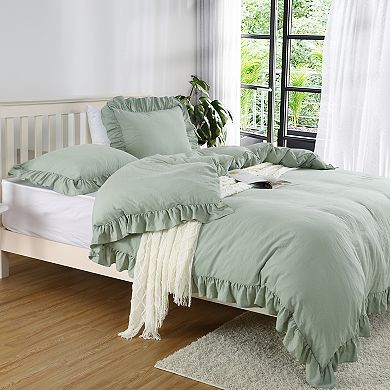 Ruffle Duvet Cover 3PCS Soft Washed Microfiber Duvet Cover Set with Button Closure