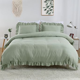 Ruffle Duvet Cover 3 pc Soft Washed Microfiber Duvet Cover Set with Button Closure