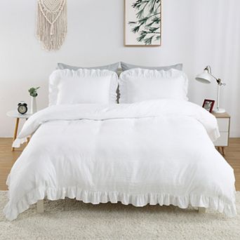 Ruffle Duvet Cover 3 pc Soft Washed Microfiber Duvet Cover Set with Button Closure
