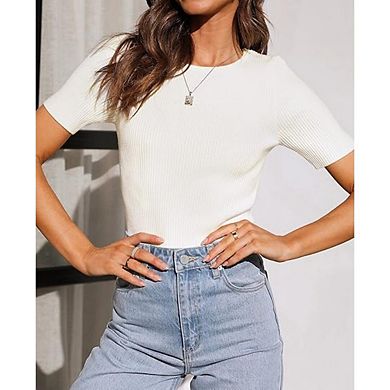 Women's Ribbed T-Shirts, Cotton Short Sleeve Basic Tees Crewneck Fitted Tops Casual Shirts