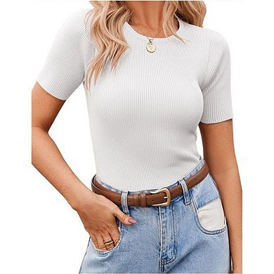 Women's Ribbed T-Shirts, Cotton Short Sleeve Basic Tees Crewneck Fitted Tops Casual Shirts