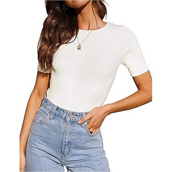 Women's Ribbed T-Shirts, Cotton Short Sleeve Basic Tees Crewneck Fitted Tops Casual Shirts