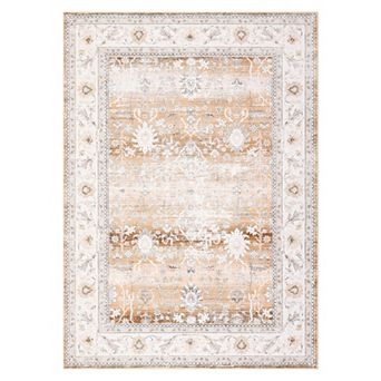 Floral Distressed Vintage Non-Slip Rug, Washable Low Pile Carpet, Stain Resistant Floor Cover
