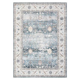 Floral Distressed Vintage Non-Slip Rug, Washable Low Pile Carpet, Stain Resistant Floor Cover