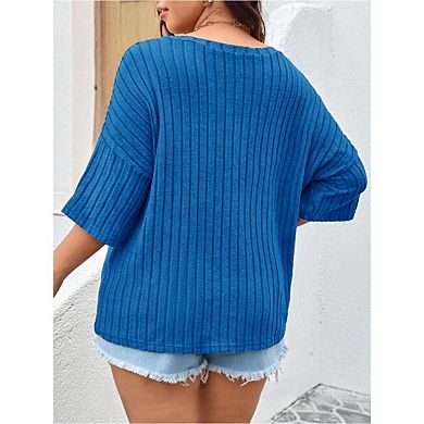 Women's Plus Size Casual Tops V Neck Solid Color Shirts Lightweight Short Sleeve Blouses