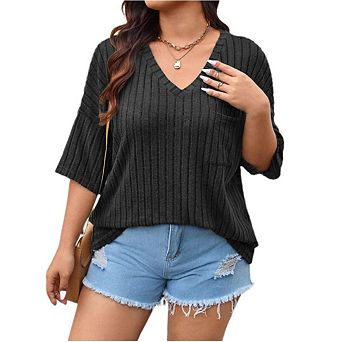 Women's Plus Size Casual Tops V Neck Solid Color Shirts Lightweight Short Sleeve Blouses