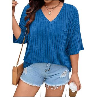 Women's Plus Size Casual Tops V Neck Solid Color Shirts Lightweight Short Sleeve Blouses