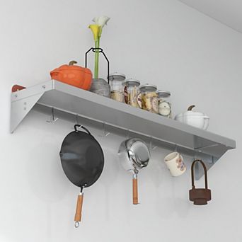 48" Stainless Steel Wall Shelf with Hooks & Backsplash, NSF Heavy-Duty Kitchen Storage Rack
