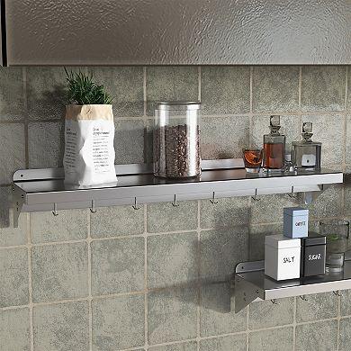 48" Stainless Steel Wall Shelf with Hooks & Backsplash, NSF Heavy-Duty Kitchen Storage Rack
