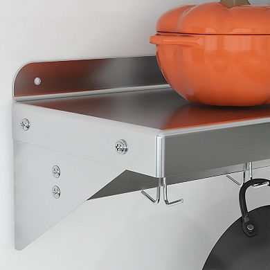 48" Stainless Steel Wall Shelf with Hooks & Backsplash, NSF Heavy-Duty Kitchen Storage Rack