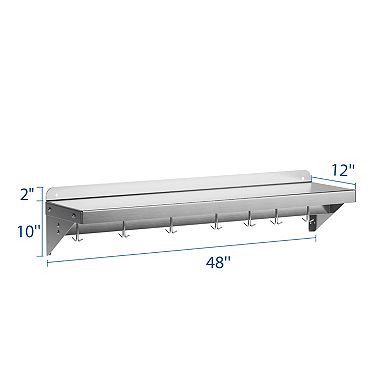 48" Stainless Steel Wall Shelf with Hooks & Backsplash, NSF Heavy-Duty Kitchen Storage Rack
