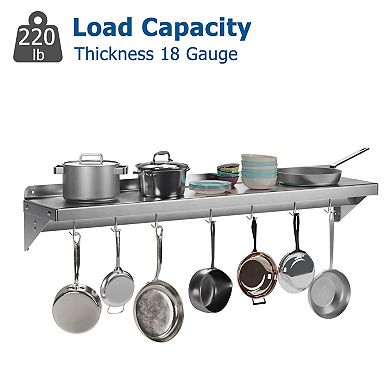 48" Stainless Steel Wall Shelf with Hooks & Backsplash, NSF Heavy-Duty Kitchen Storage Rack