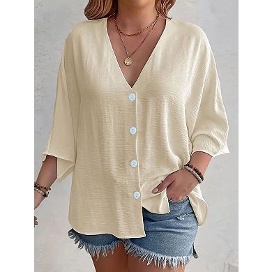 Women's Plus Size V-Neck Button Down Blouse Short Bell Sleeve Casual Office Wear
