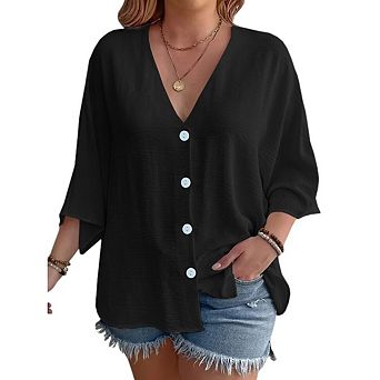 Women's Plus Size V-Neck Button Down Blouse Short Bell Sleeve Casual Office Wear