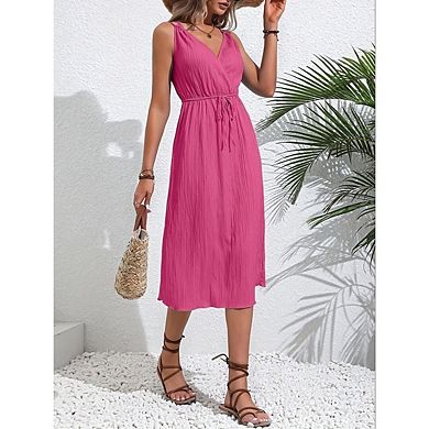 Women's Summer Boho Dress V Neck Backless Midi Sundress Spaghetti Strap Flowy drawstring Dress