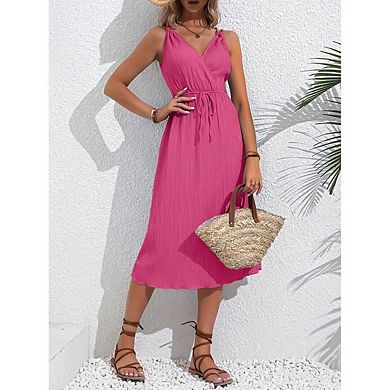 Women's Summer Boho Dress V Neck Backless Midi Sundress Spaghetti Strap Flowy drawstring Dress