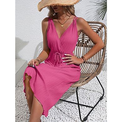 Women's Summer Boho Dress V Neck Backless Midi Sundress Spaghetti Strap Flowy drawstring Dress