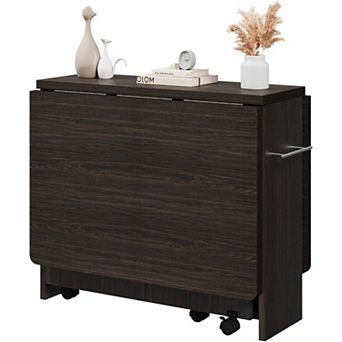 Folding Dining Table, Dinner Table with Wheels 2-Layer Storage Shelf Table for Small Space