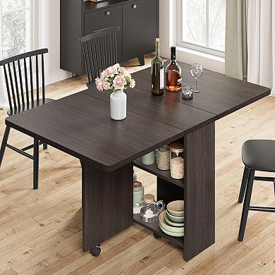 Folding Dining Table, Dinner Table with Wheels 2-Layer Storage Shelf Table for Small Space