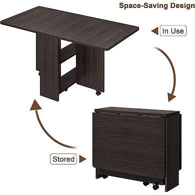 Folding Dining Table, Dinner Table with Wheels 2-Layer Storage Shelf Table for Small Space