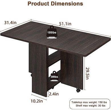 Folding Dining Table, Dinner Table with Wheels 2-Layer Storage Shelf Table for Small Space