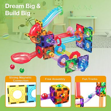 PicassoTiles Marble Run Magnetic Tiles for Kids, 62PCS STEM Building Blocks Set, Educational Toy