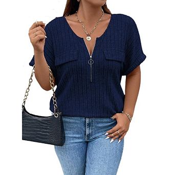 Women Plus Size Top Short Sleeve Blouses Zip-up V Neck Top Womens Fashion Trendy Casual Work Shirt