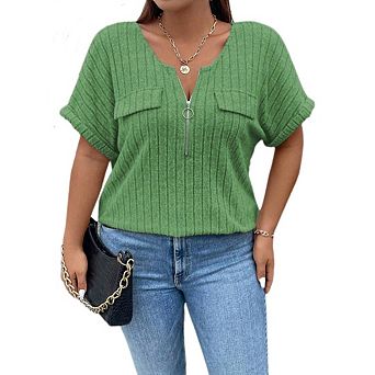 Women Plus Size Top Short Sleeve Blouses Zip-up V Neck Top Womens Fashion Trendy Casual Work Shirt
