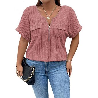 Women Plus Size Top Short Sleeve Blouses Zip-up V Neck Top Womens Fashion Trendy Casual Work Shirt