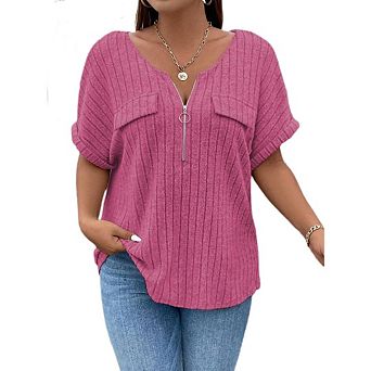Women Plus Size Top Short Sleeve Blouses Zip-up V Neck Top Womens Fashion Trendy Casual Work Shirt