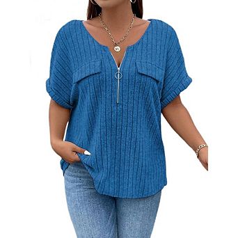 Women Plus Size Top Short Sleeve Blouses Zip-up V Neck Top Womens Fashion Trendy Casual Work Shirt