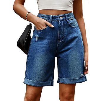 Jean Shorts for Women High Waisted Straight Leg Roll Cuff Denim Shorts with Pockets