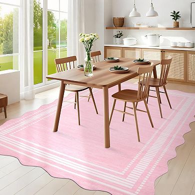 Washable Runner Rug 2x6 Kitchen Hallway Scalloped Rugs, Non Skid Stain-Resistant Solid