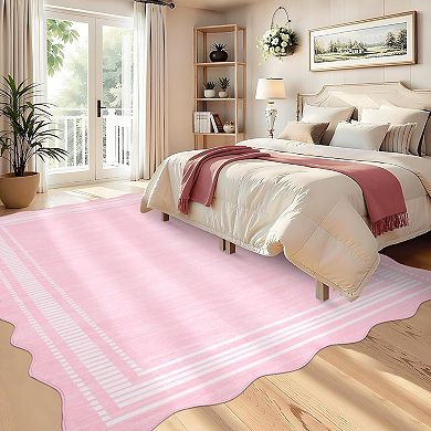 Washable Runner Rug 2x6 Kitchen Hallway Scalloped Rugs, Non Skid Stain-Resistant Solid