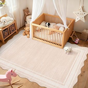 Washable Runner Rug 2x6 Kitchen Hallway Scalloped Rugs, Non Skid Stain-Resistant Solid