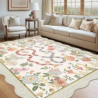 Washable Runner Rug 2x6 Kitchen Hallway Scalloped Rugs, Non Skid Stain-Resistant Solid