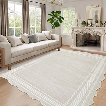 Washable Runner Rug 2x6 Kitchen Hallway Scalloped Rugs, Non Skid Stain-Resistant Solid