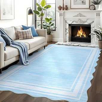 Washable Runner Rug 2x6 Kitchen Hallway Scalloped Rugs, Non Skid Stain-Resistant Solid