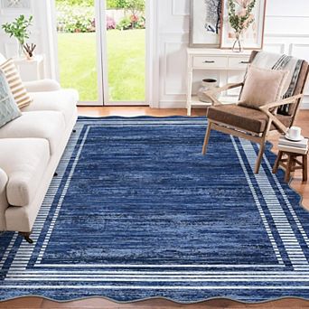Washable Runner Rug 2x6 Kitchen Hallway Scalloped Rugs, Non Skid Stain-Resistant Solid