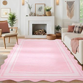 Washable Runner Rug 2x6 Kitchen Hallway Scalloped Rugs, Non Skid Stain-Resistant Solid